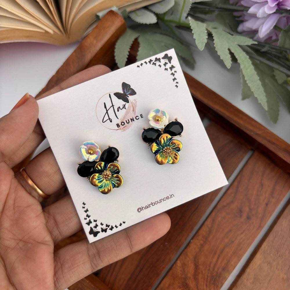 Iridescent Bloom Crystal Studs - Black