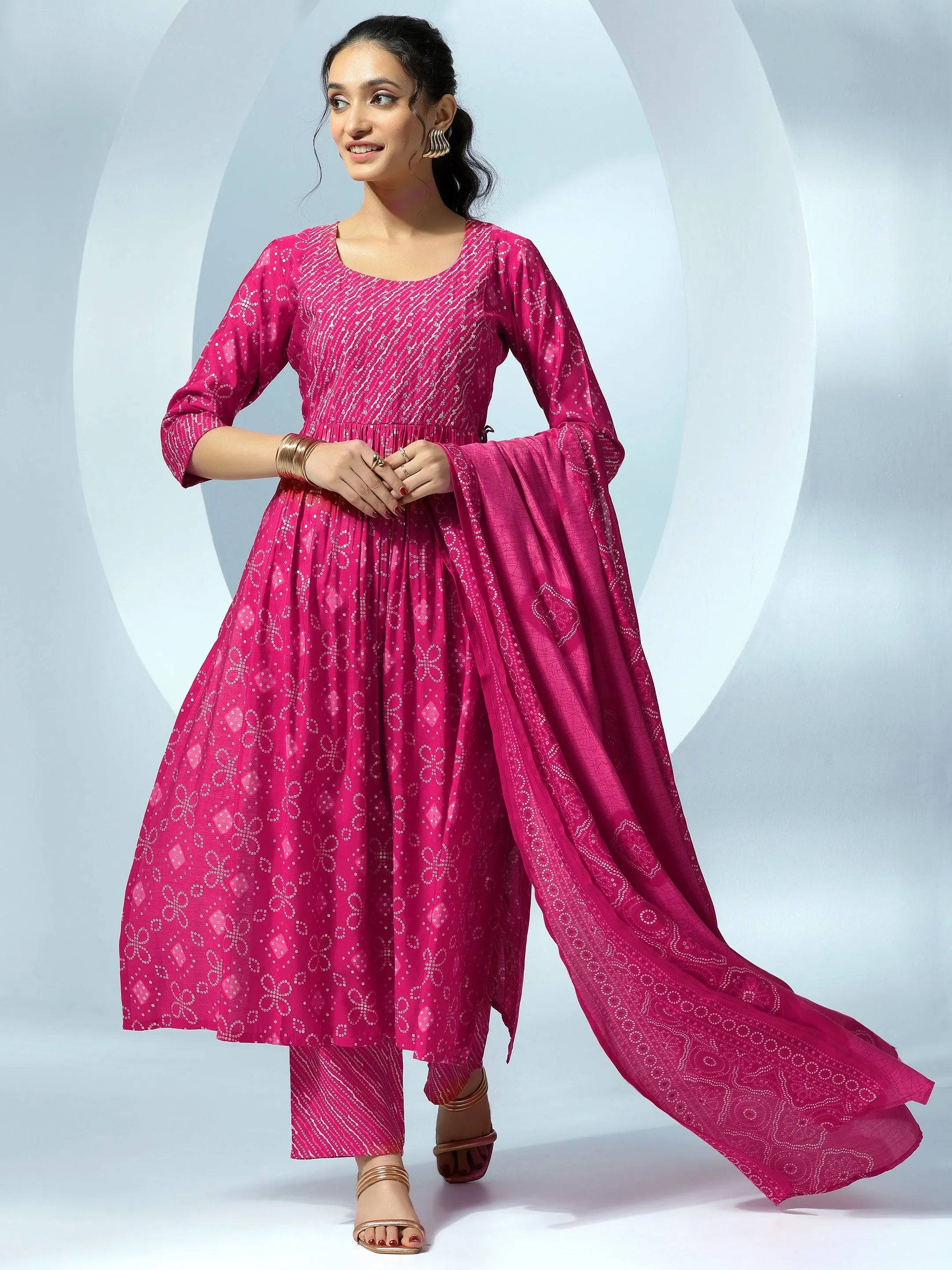 Pink Printed Silk Blend A-Line Kurta Wi... Buy only at ₹4999