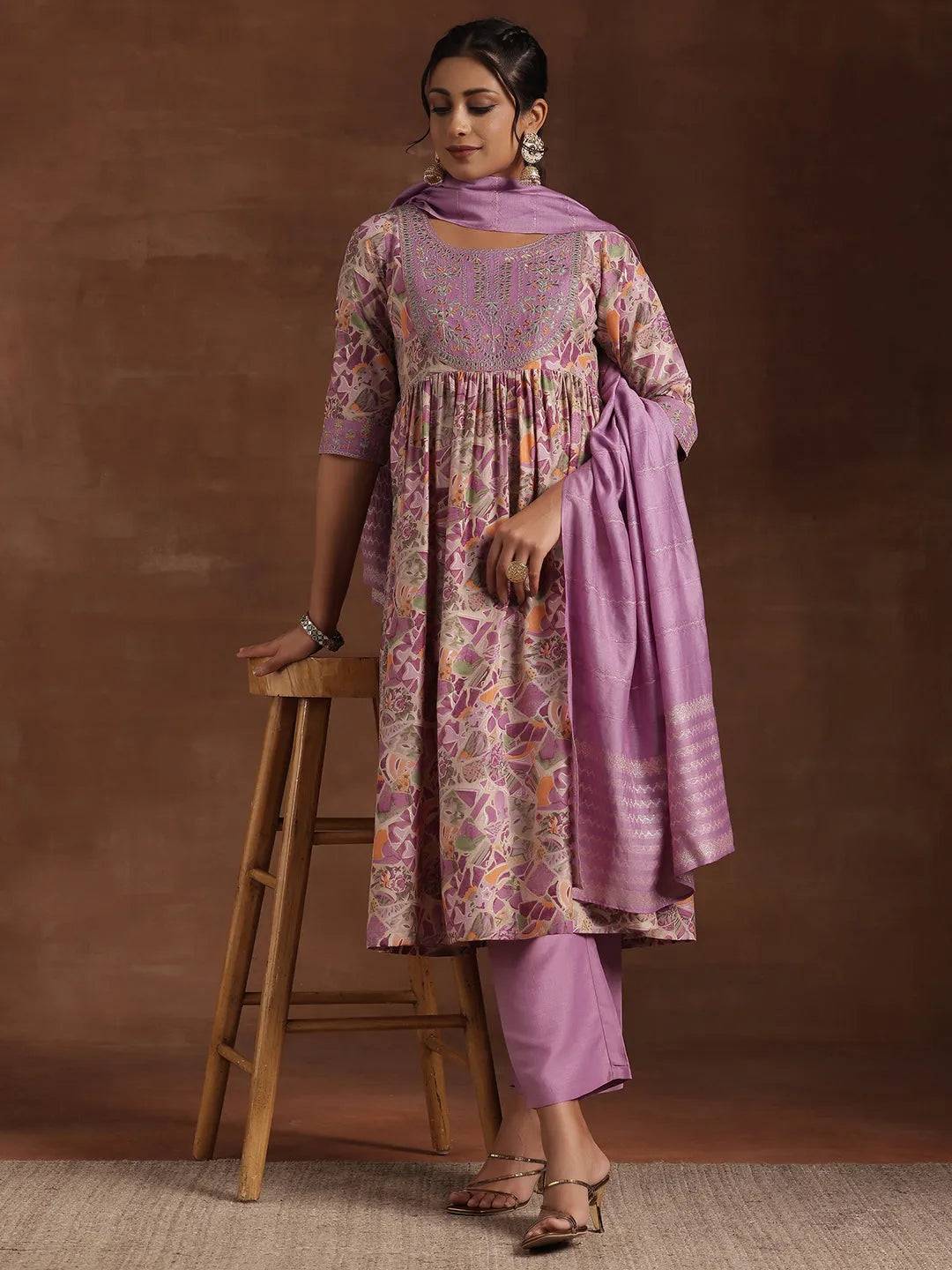 Purple Printed Silk Blend A-Line Kurta ... Buy only at ₹4299
