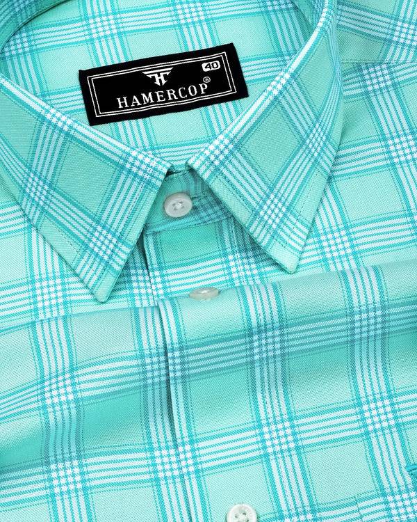 Izola Aqua Green With White Check Oxford Cotton Shirt