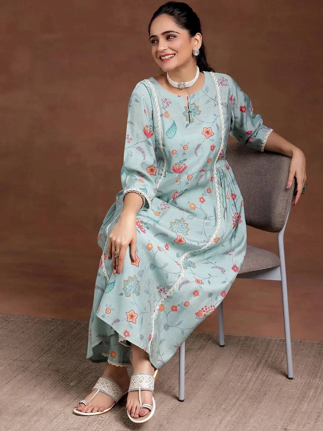 Blue Printed Silk Blend A-Line Kurta Wi... Buy only at ₹3999