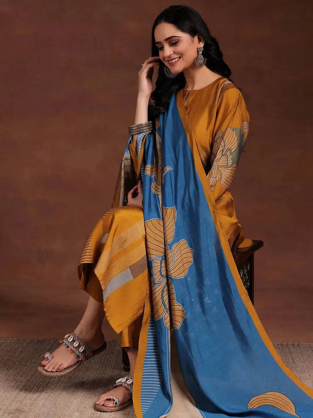 Mustard Printed Silk Blend Straight Sui... Buy only at ₹5699