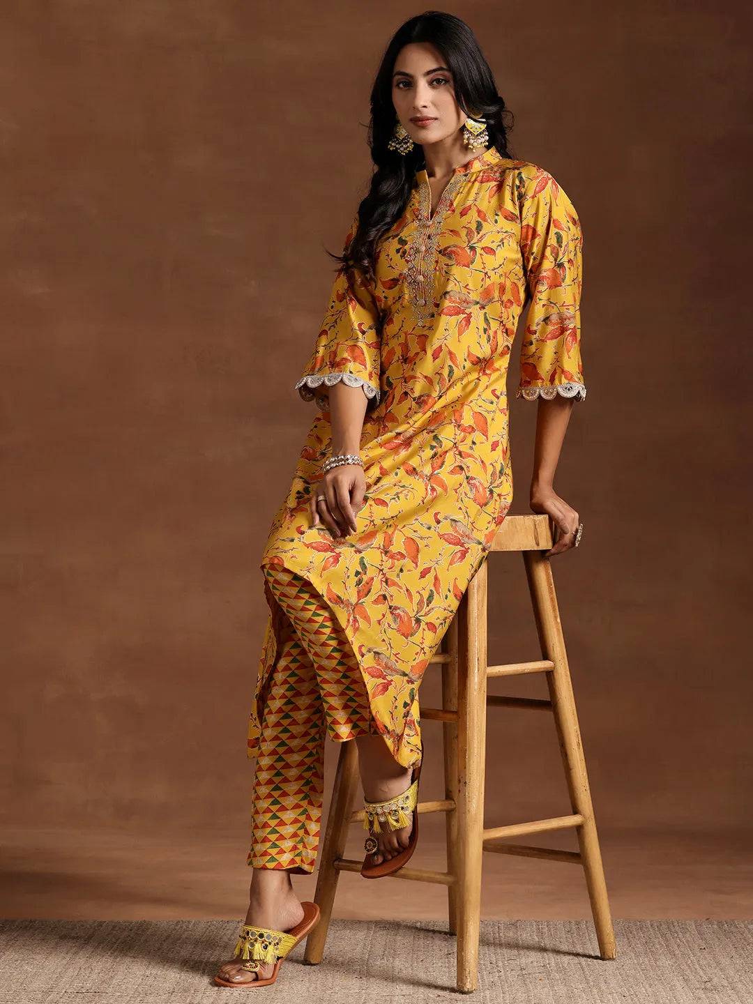 Mustard Printed Silk Blend A-line Kurta... Buy only at ₹3799