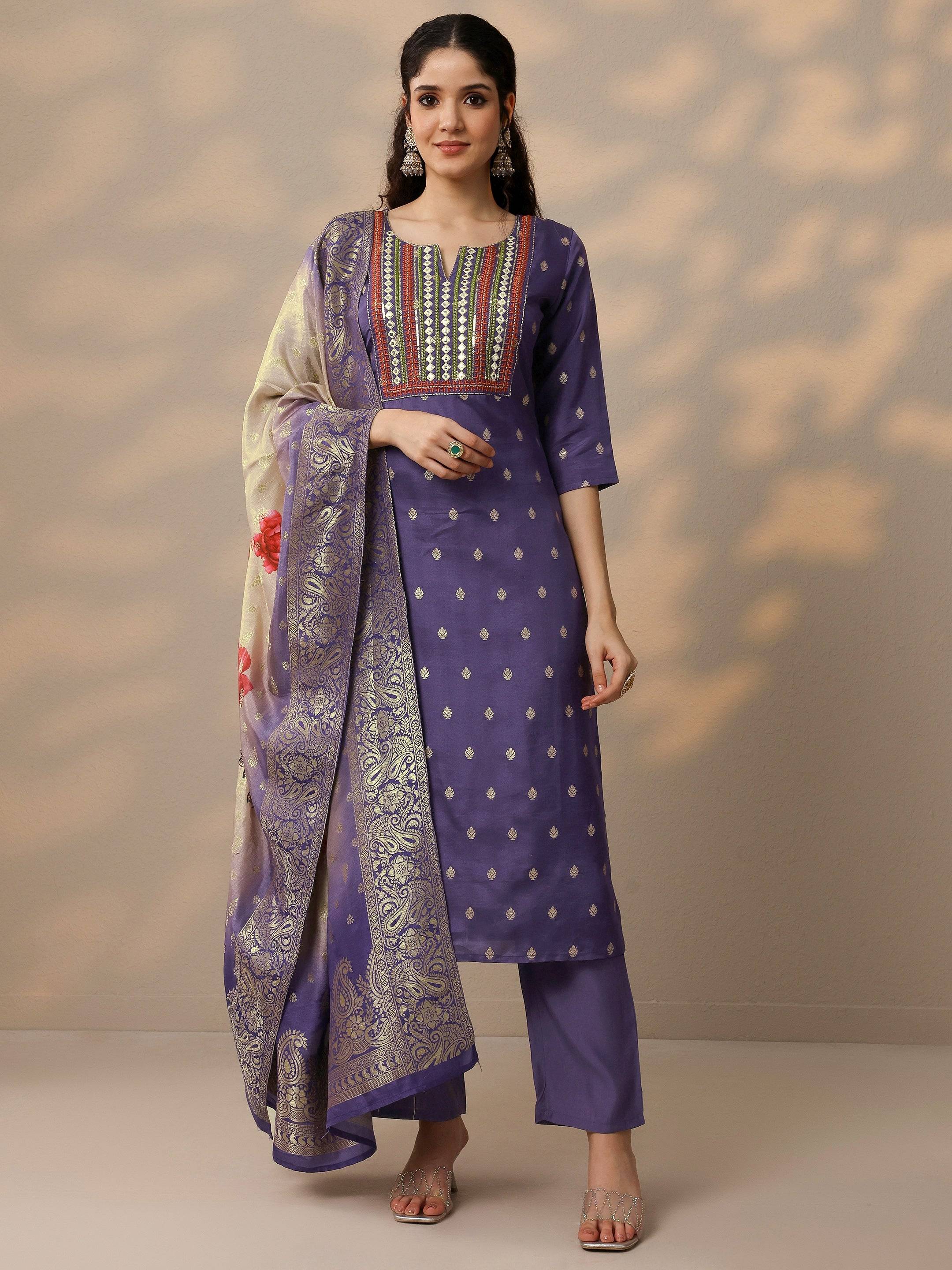 Purple Woven Design Silk Blend Straight... Buy only at ₹7999