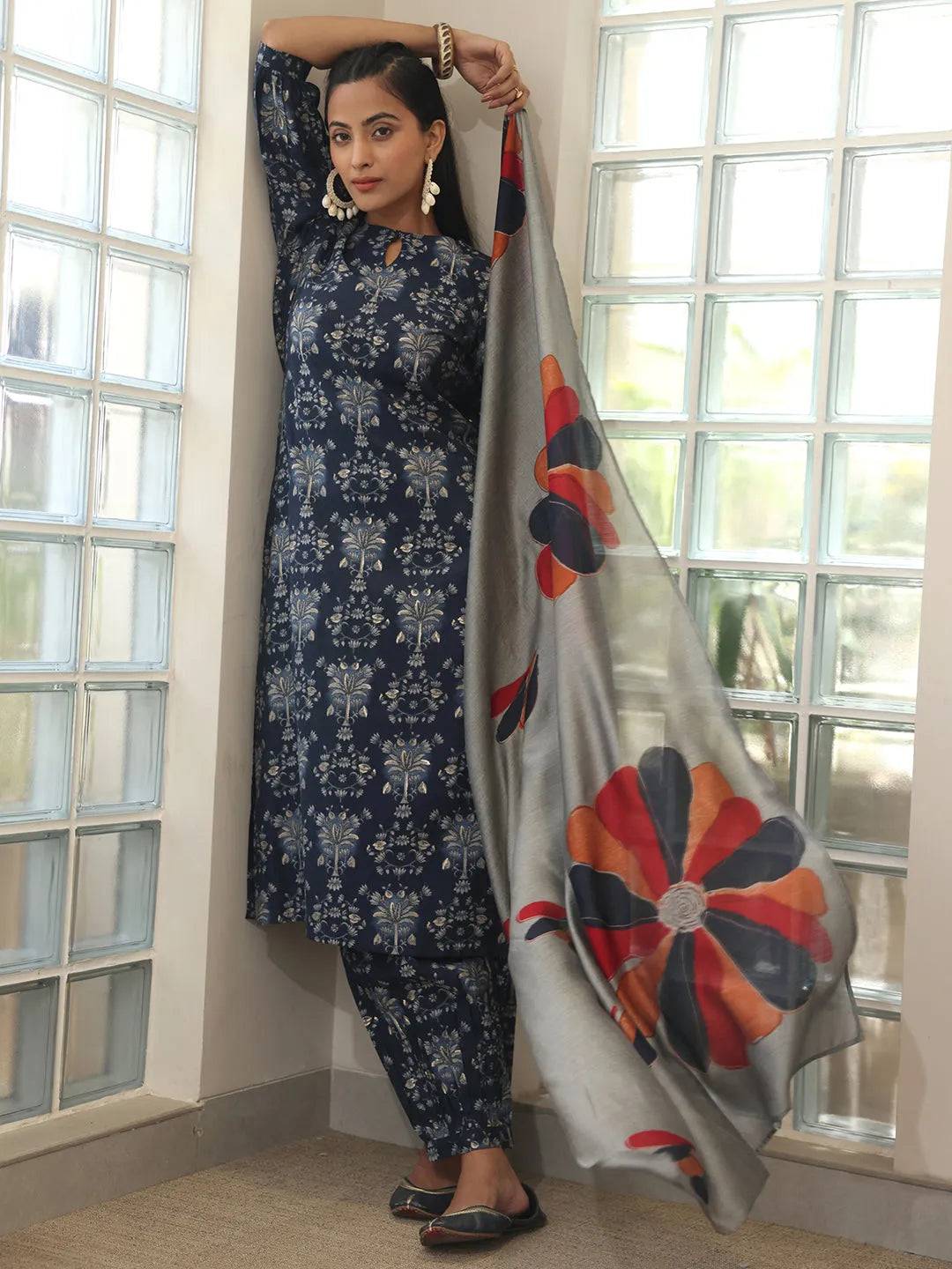 Blue Printed Silk Blend Straight Suit W... Buy only at ₹3999