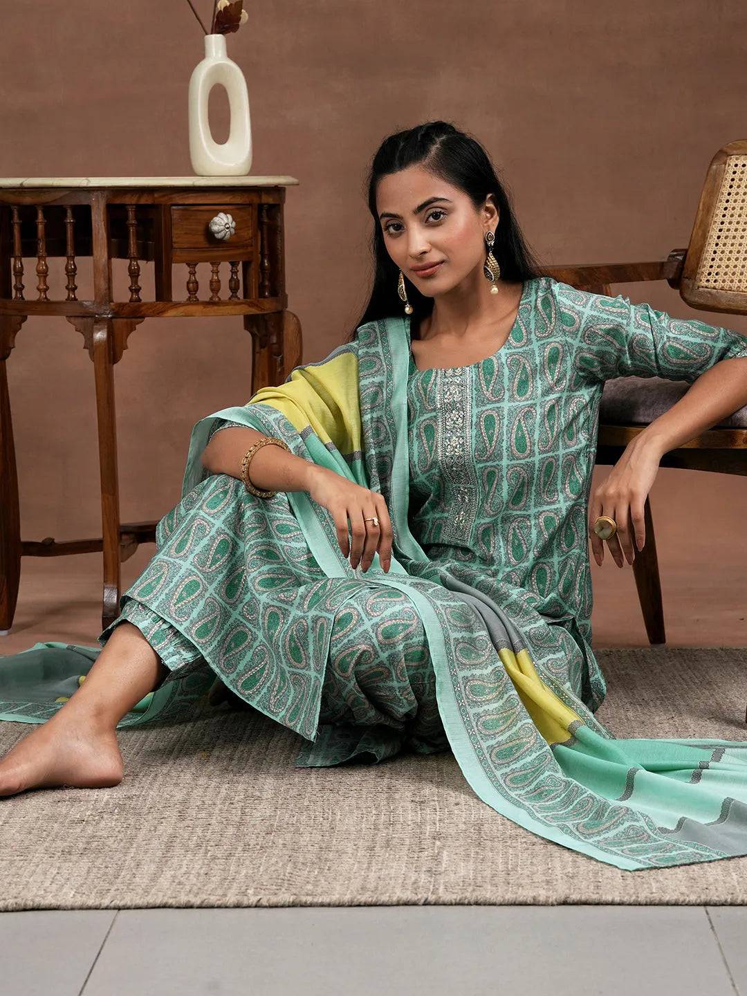 Blue Printed Silk Blend Straight Suit W... Buy only at ₹3999