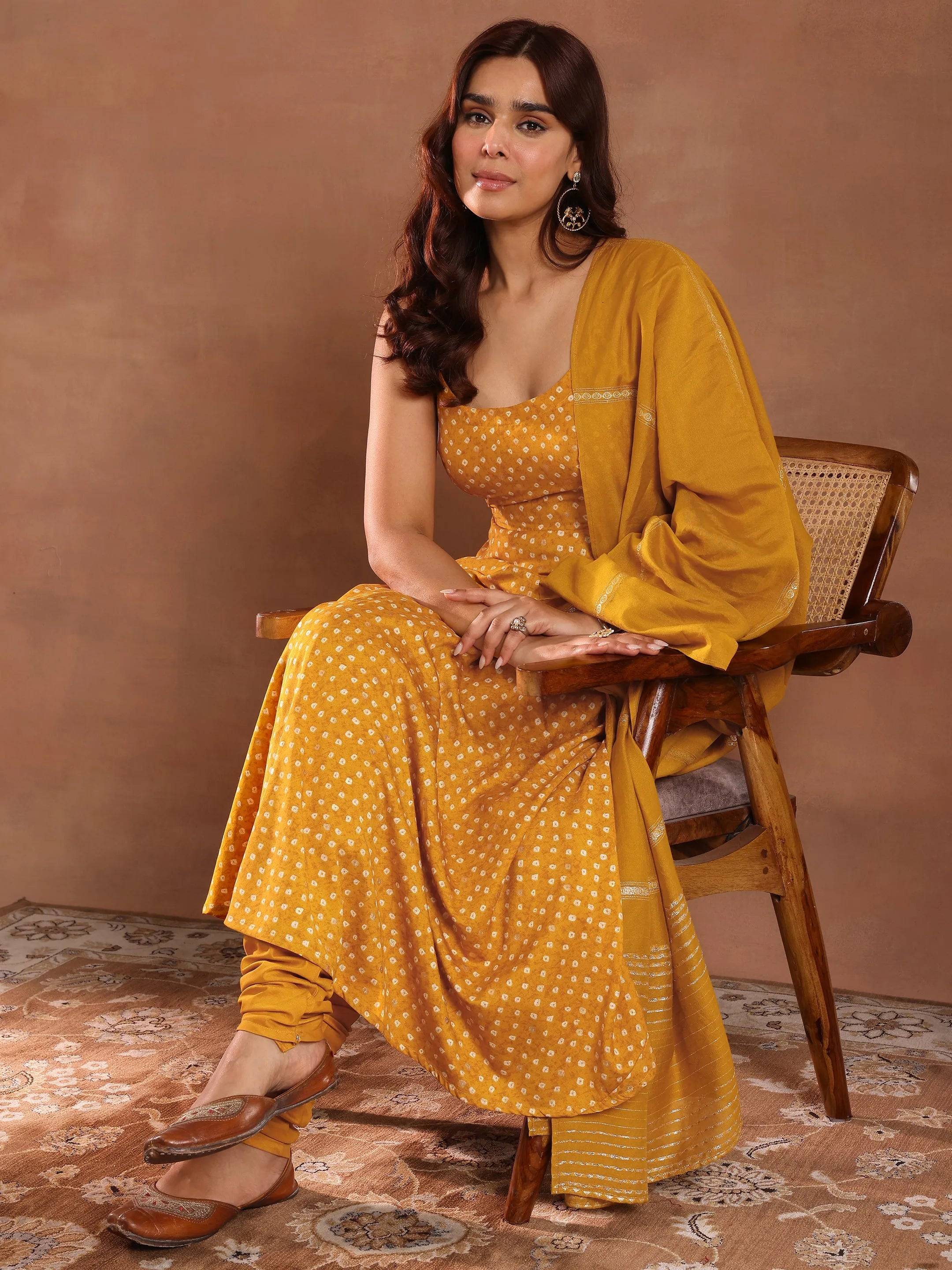 Mustard Printed Rayon Anarkali Suit Wit... Buy only at ₹3999