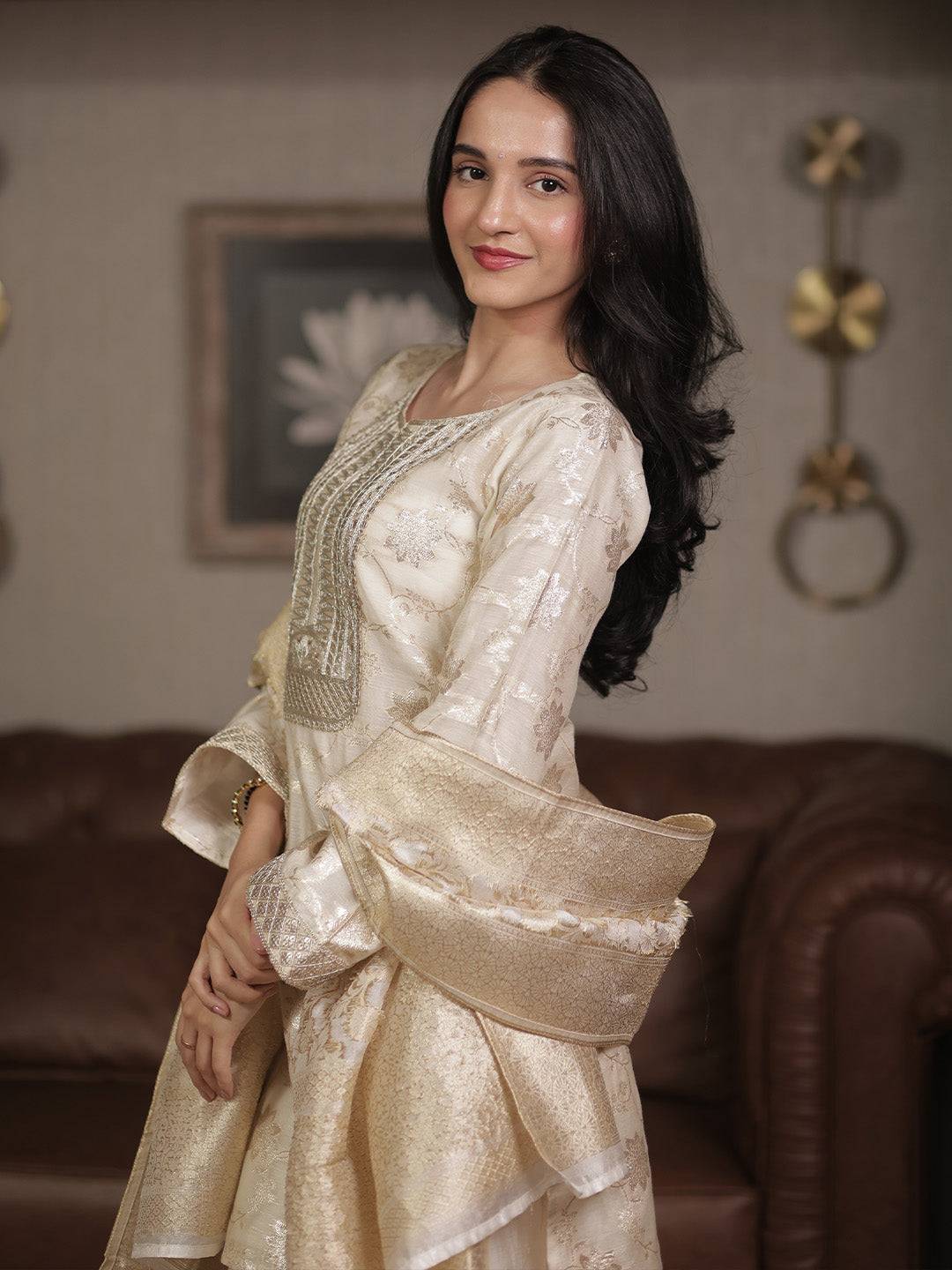 Off White Woven Design Chanderi Silk St... Buy only at ₹8149