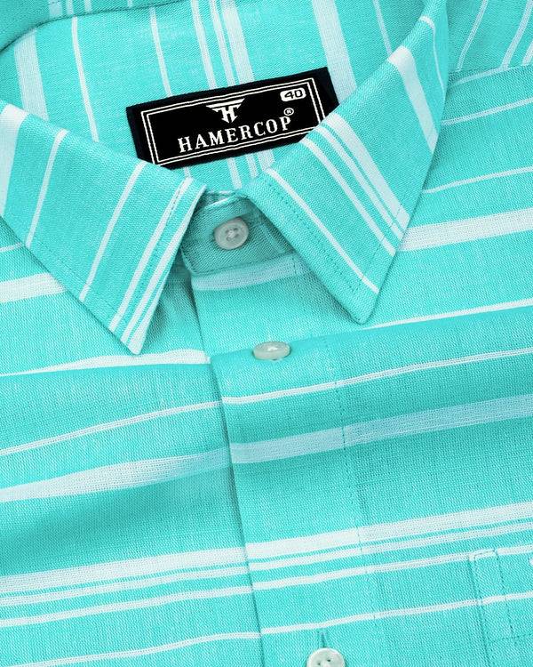 Surftime AquaBlue With White Weft Stripe Amsler Cotton Shirt