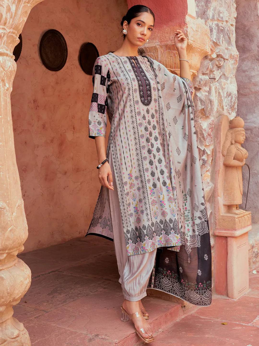 Grey Printed Silk Blend Straight Suit W... Buy only at ₹3999