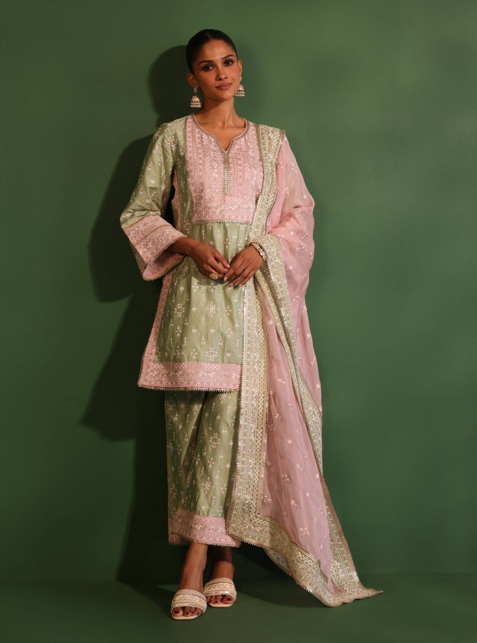 Nikhat Pima Satin Green Kurta Set