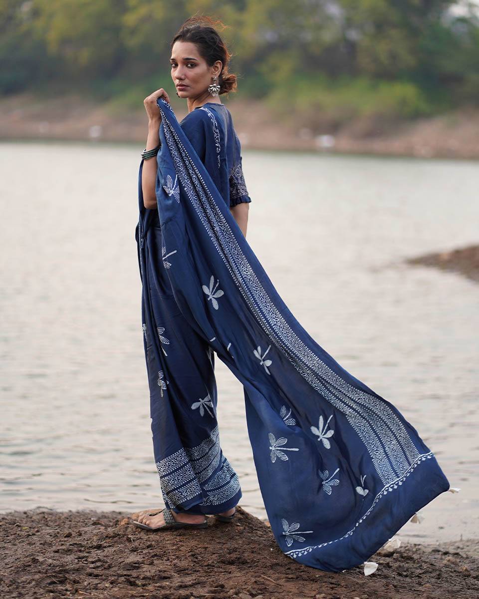 Urmi Blue Block printed Modal Silk Saree - Jaisal