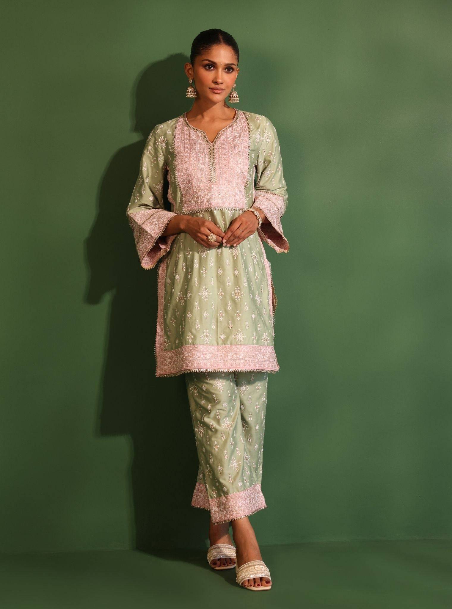 Nikhat Pima Satin Green Kurta Set