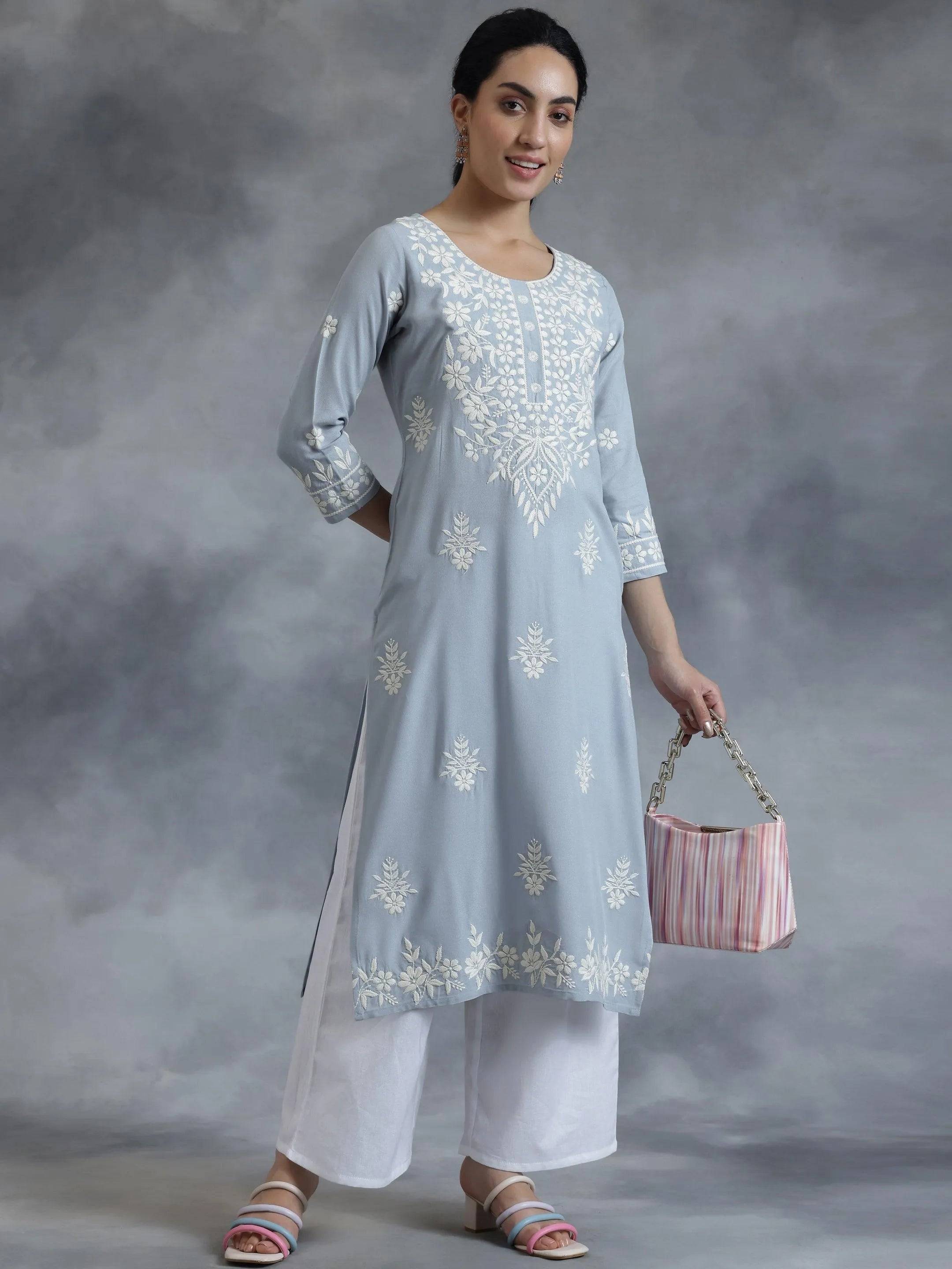 Stone Blue Embroidered Rayon Straight K... Buy at only ₹2799