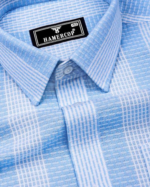Korgon Blue With White Waffle Stripe Dobby Cotton Shirt