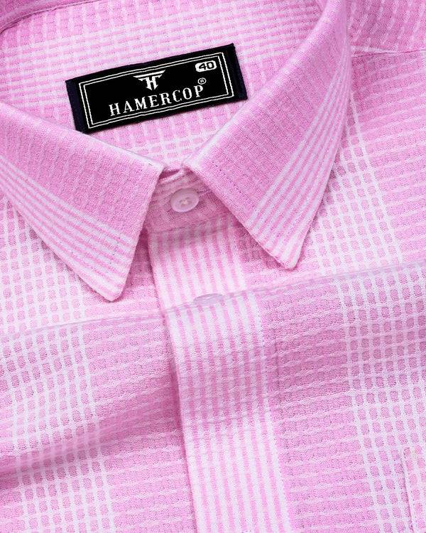 Korgon Pink With White Waffle Stripe Dobby Cotton Shirt
