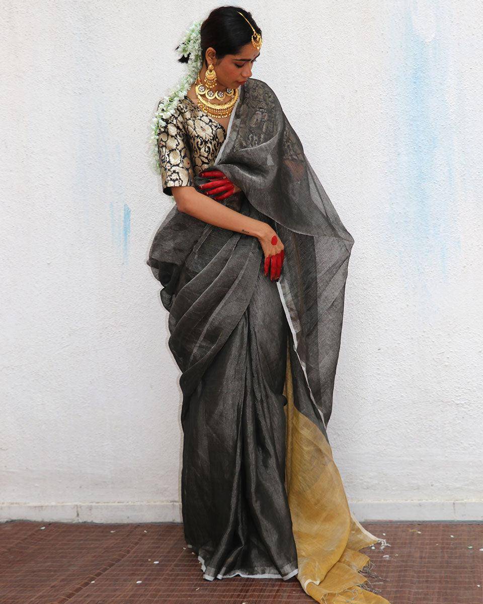 Charulata Black Golden Handwoven Linen Zari Saree