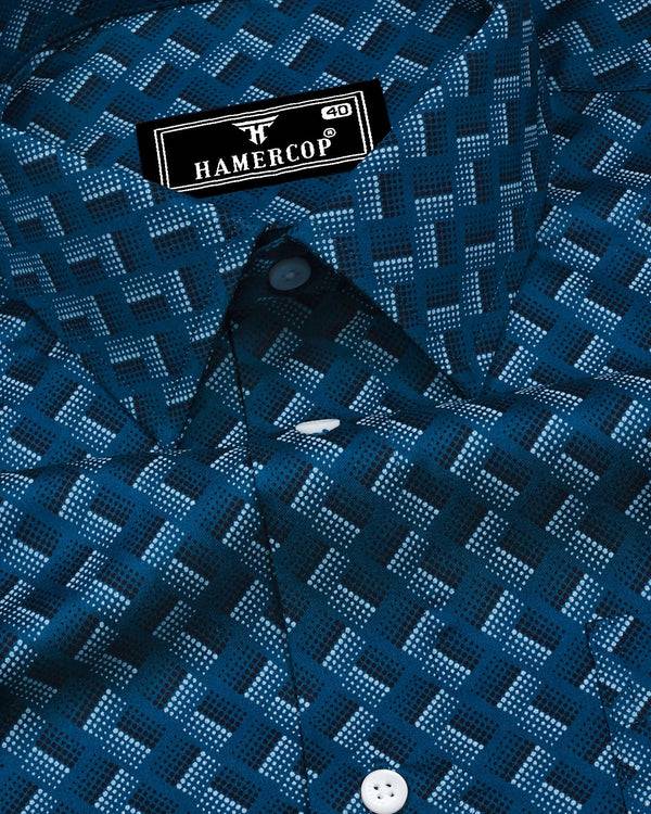 French Blue With White And Black Printed Premium Cotton Shirt