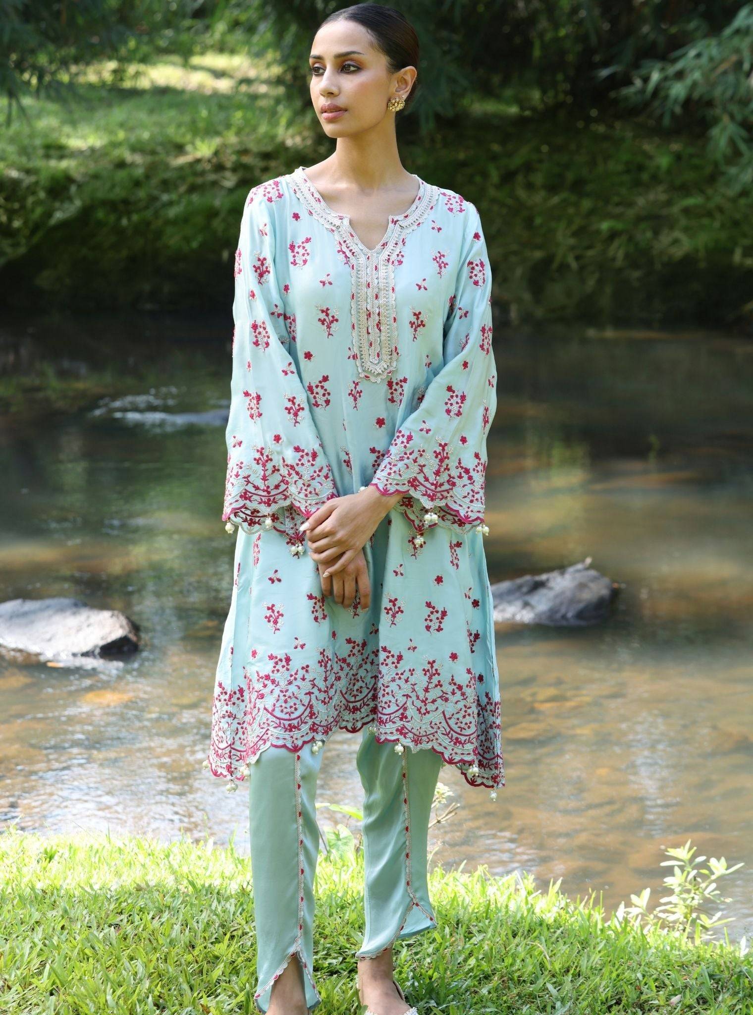 Mangalam Cupro Satin Blue Kurta Set