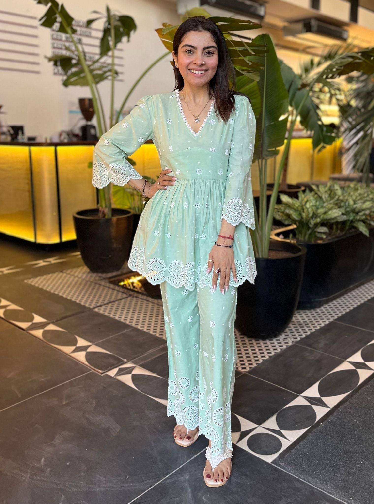 Aurelia Cotton Green Top with Bell Bottom Set