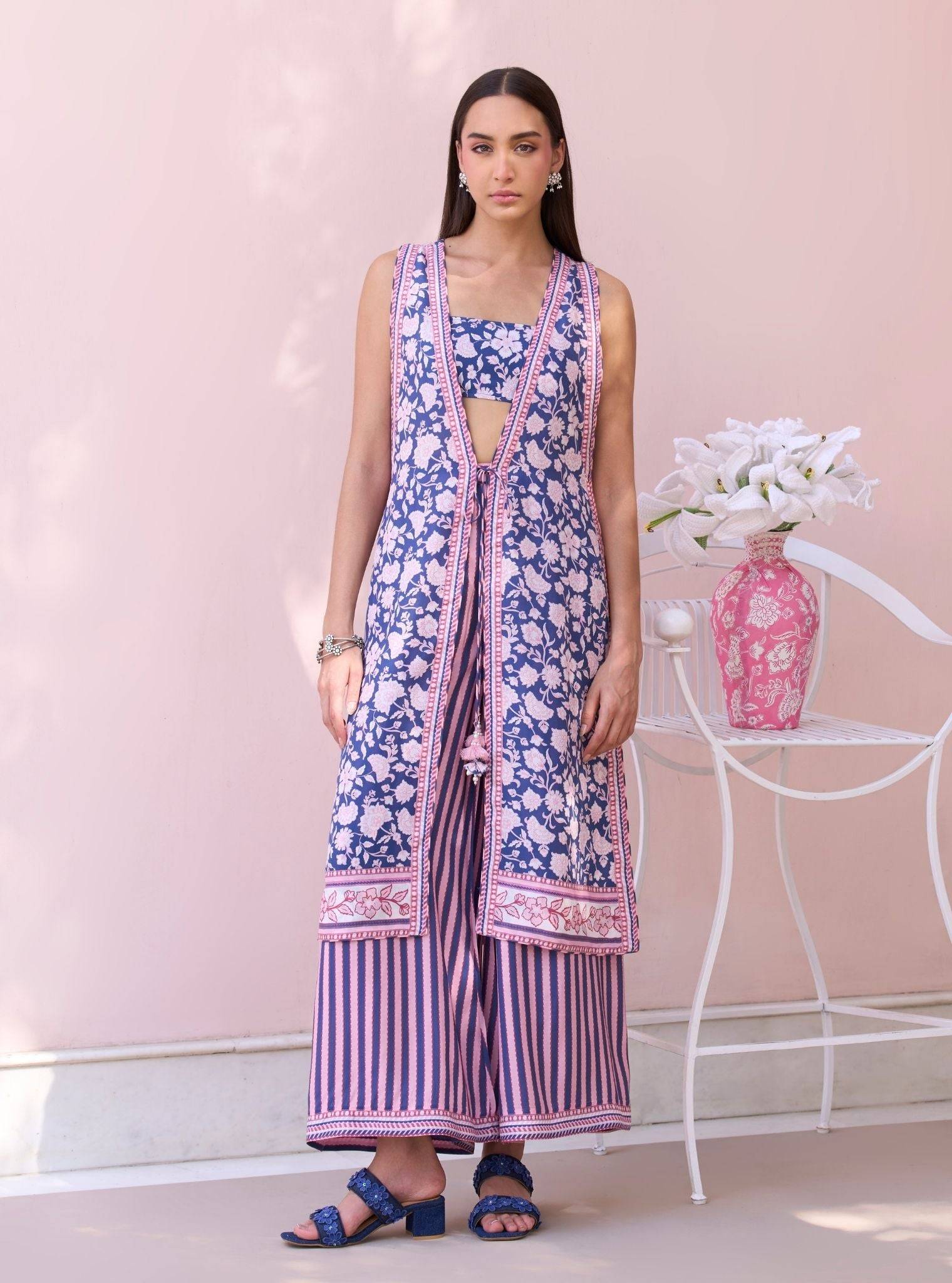 Maharose Navy Printed Lawn Jacket Set