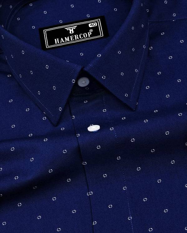 Azure Blue With White Printed Formal Cotton Shirt