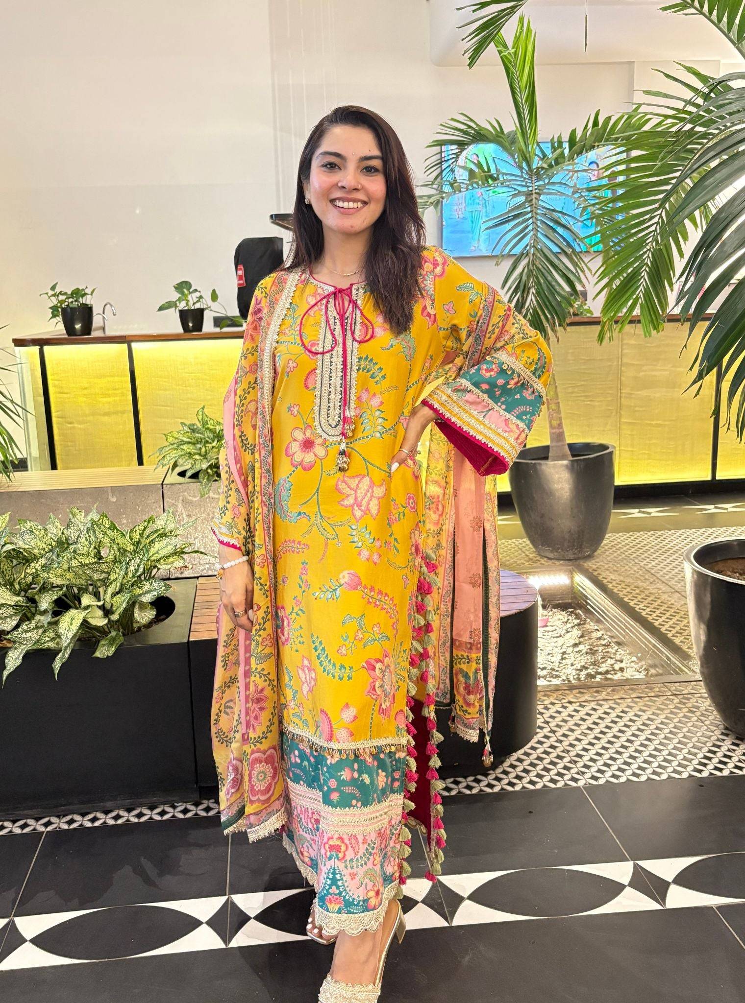 Nisi Pima Satin Printed Mustard Kurta Set