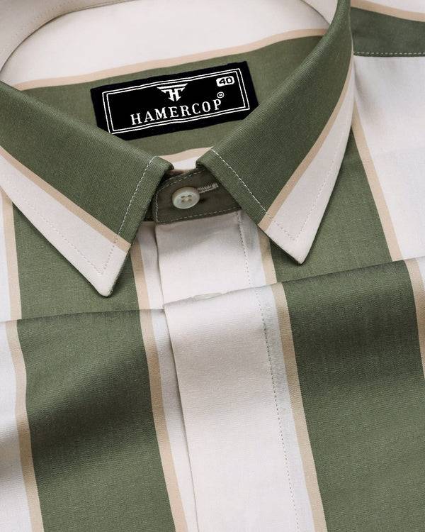 Green With White Broad Stripe Cotton Shirt