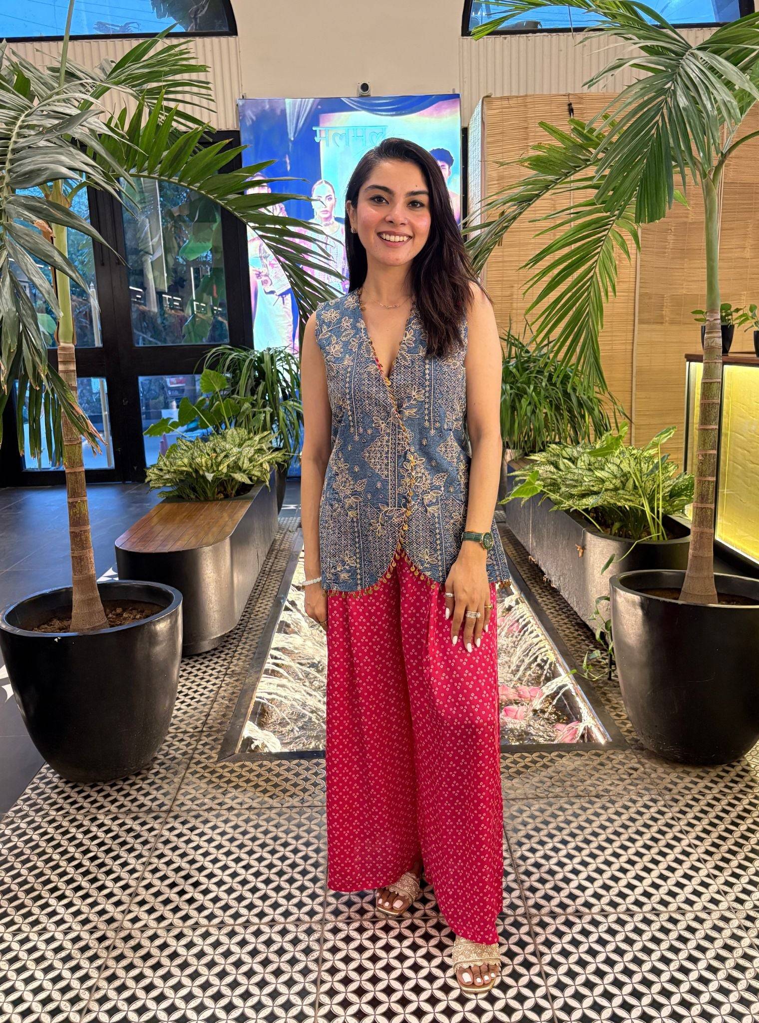 Lunira Denim Waistcoat With Cupro Satin Printed Fuschia Pant