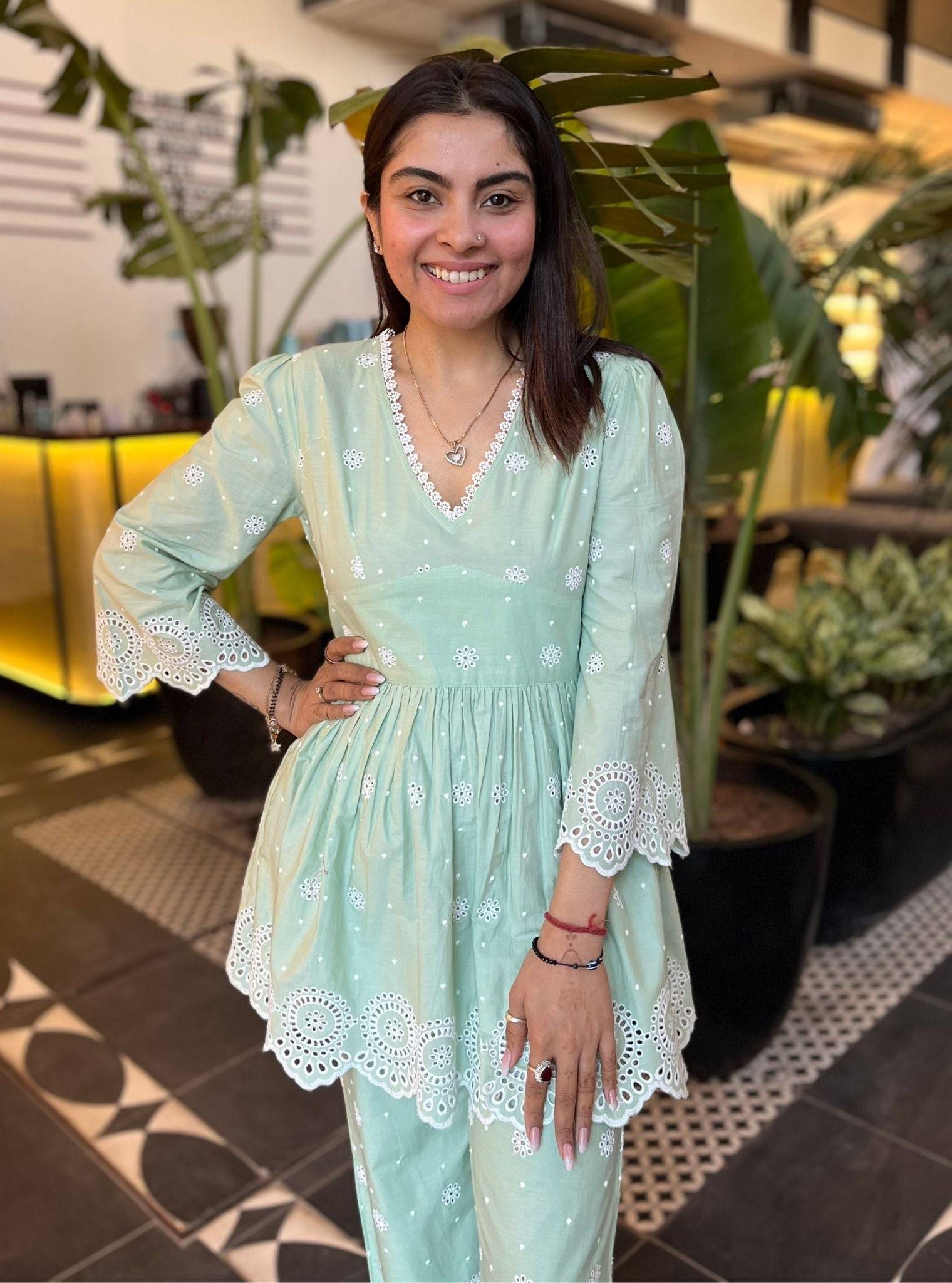 Aurelia Cotton Green Top with Bell Bottom Set