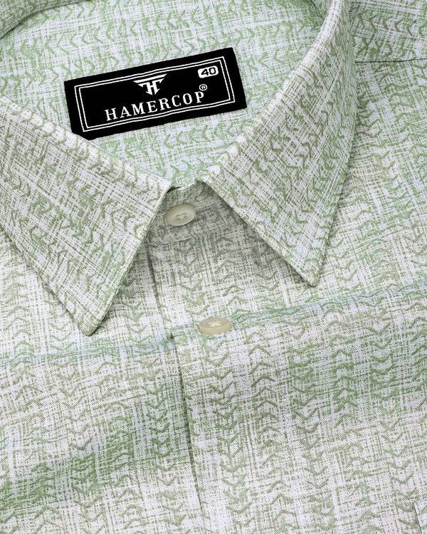 Macroom Green With White Printed Linen Cotton Shirt