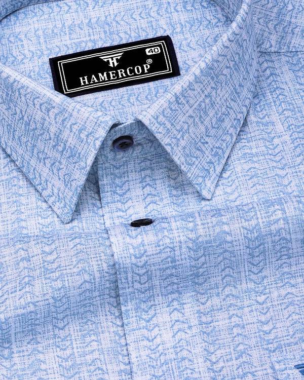 Macroom Blue With White Printed Linen Cotton Shirt