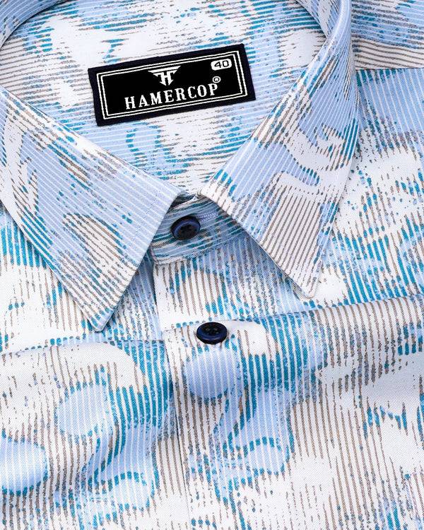 Pintag Blue With White Optical Printed Cotton Shirt