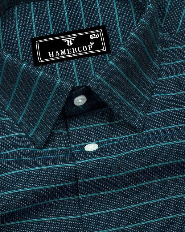 Teal Green Weft Stripe Python Textured Dobby Cotton Shirt