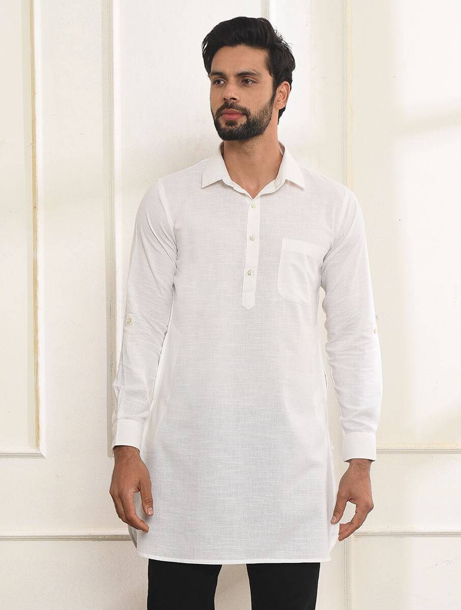 Men Off White_Cream Cotton Shirt Collar Regular Fit Kurta