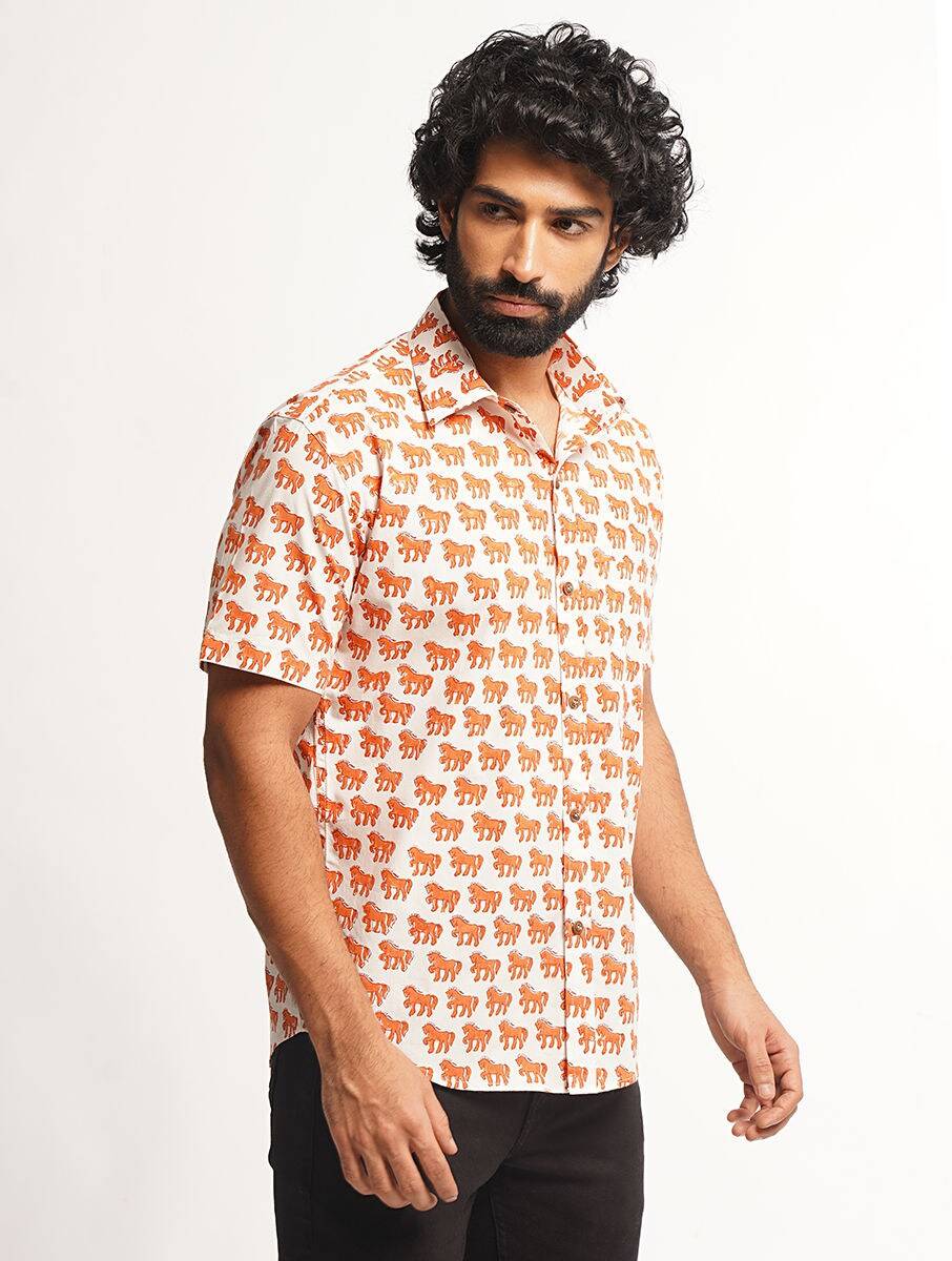 Men White Cotton Printed Block Print Regular Collar Regular Fit Shirts