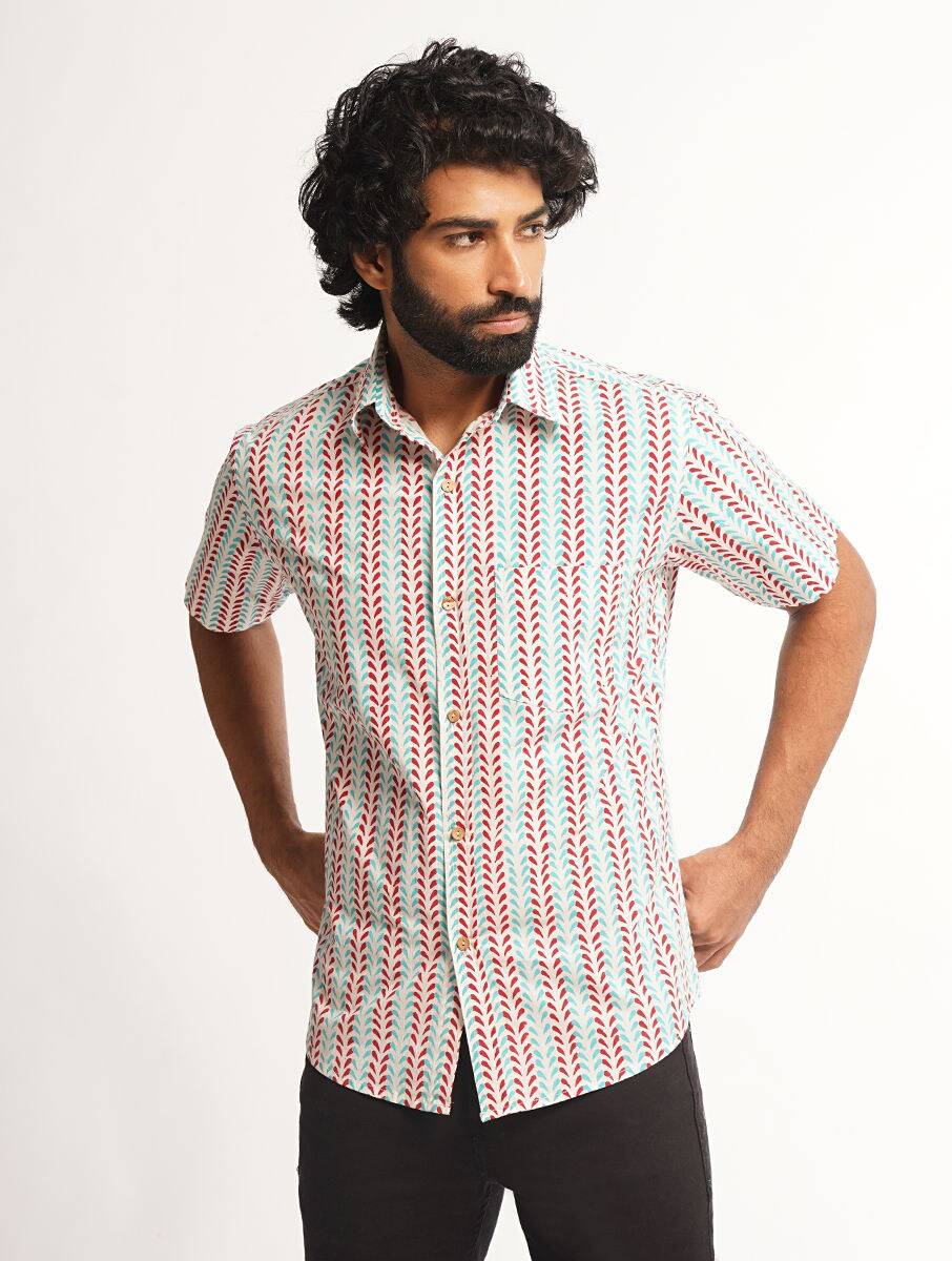 Men White Cotton Printed Block Print Regular Collar Regular Fit Shirts