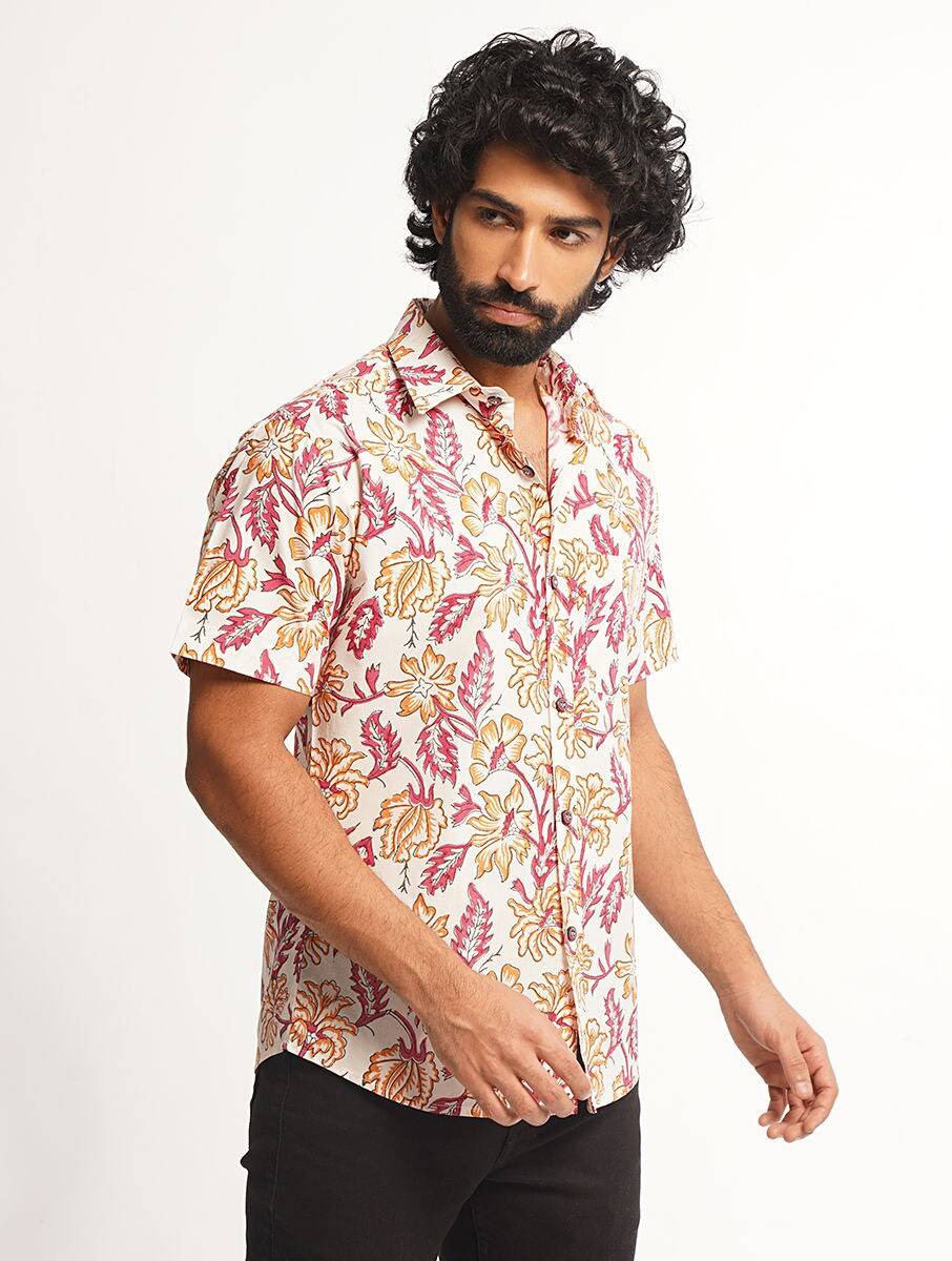Men White Cotton Printed Block Print Regular Collar Regular Fit Shirts