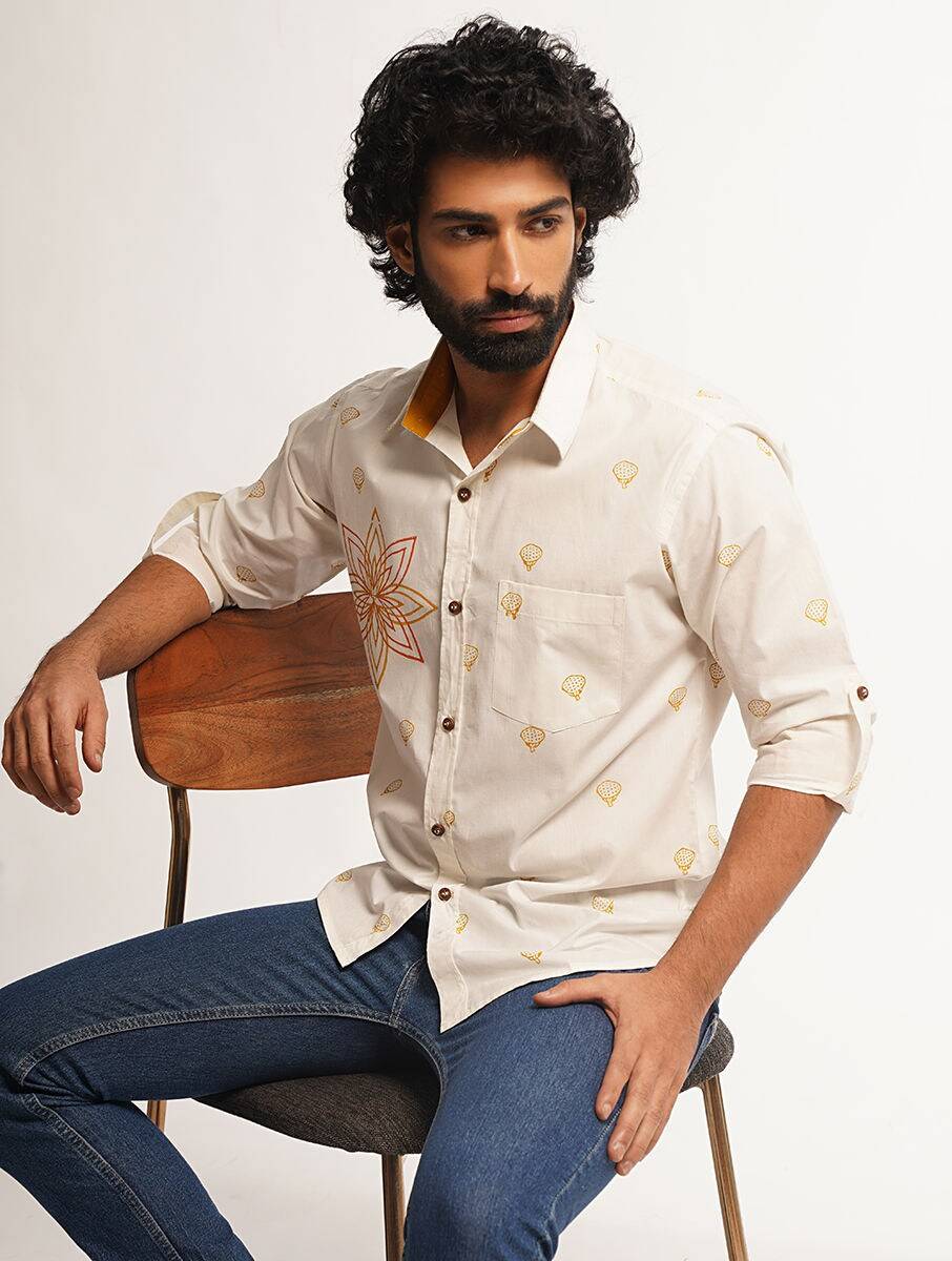 Men White Cotton Printed Block Print Regular Collar Regular Fit Shirts