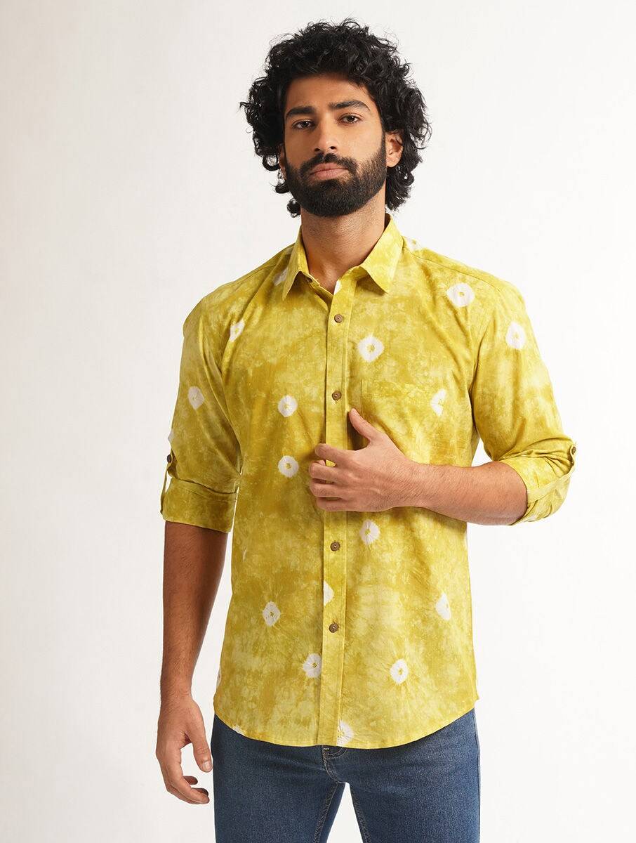 Men Mustard Yellow Cotton Tie & Dye Block Print Regular Collar Regular Fit Shirts