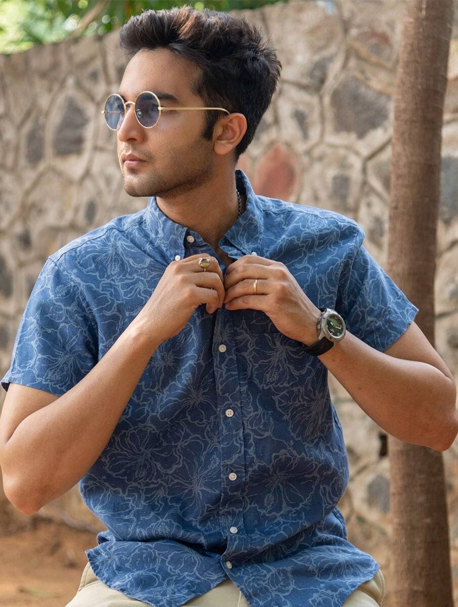 Men Camel Brown Linen Printed Regular Collar Slim Fit Shirts