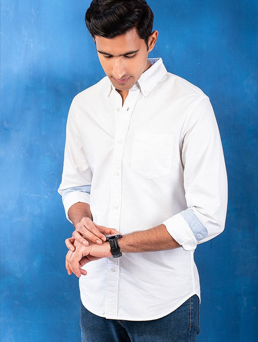 Men White Cotton Solid Shirt Collar Regular Fit Shirts