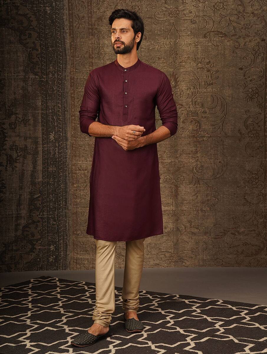 Men Wine Viscose Mandarin Collar Regular Fit Kurta