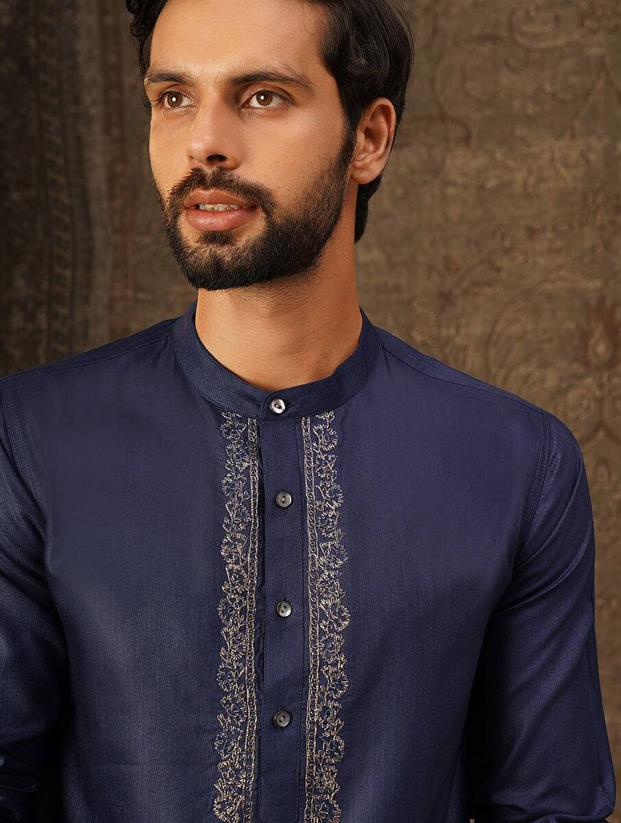 Men Indigo Blue Viscose Embroidered Mandarin Collar Regular Fit Kurta