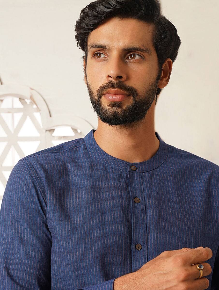 Men Blue Cotton Self Design Hand Woven Mandarin Collar Regular Fit Shirts