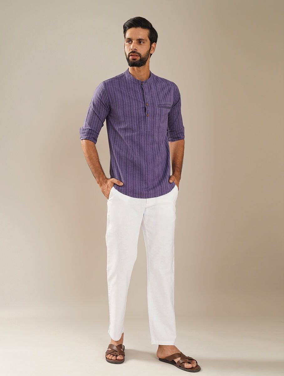 Men Purple Cotton Mandarin Collar Regular Fit Kurta