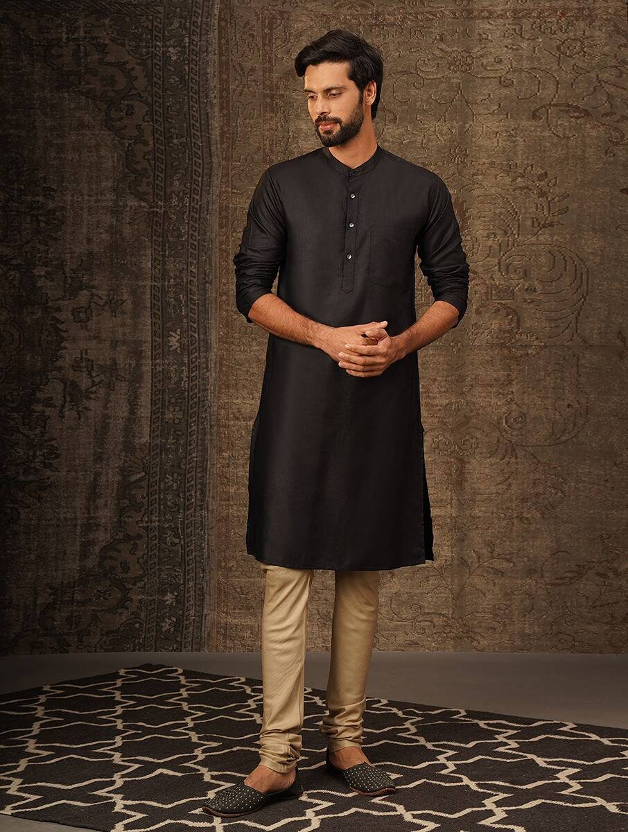 Men Black Viscose Mandarin Collar Regular Fit Kurta