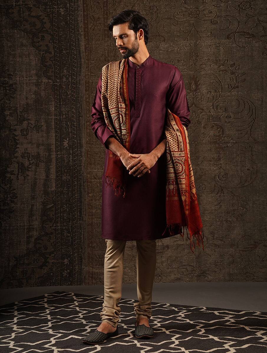 Men Wine Viscose Embroidered Mandarin Collar Regular Fit Kurta
