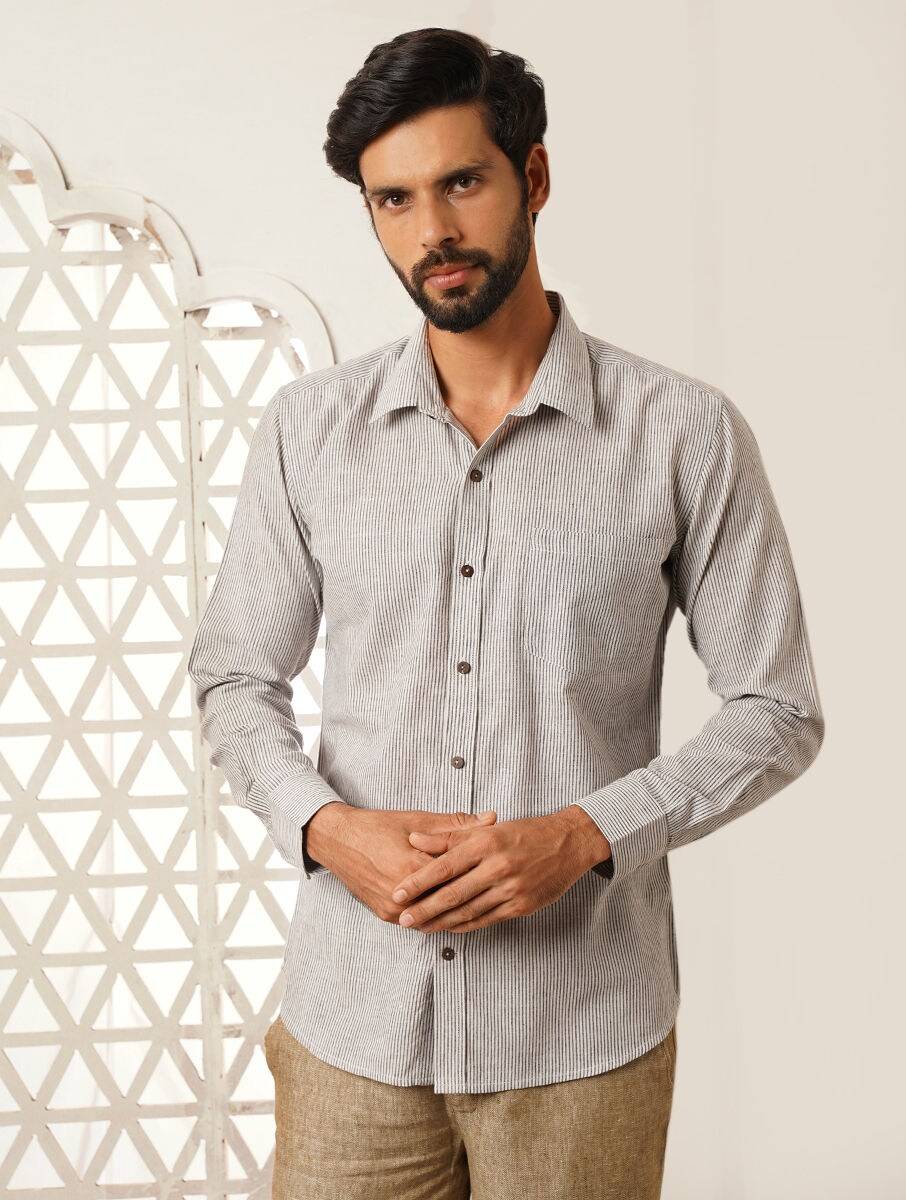 Men White Cotton Stripes Hand Woven Shirt Collar Regular Fit Shirts