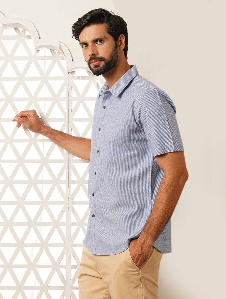 Men Blue Cotton Stripes Hand Woven Shirt Collar Regular Fit Shirts